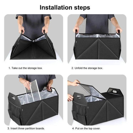 FunAdd Foldable Trunk Organizer Bag For Everyday Use showing installation steps: unfold, insert partition boards, and attach top cover