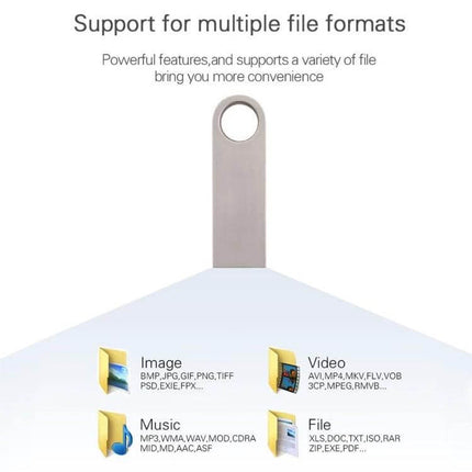 8GB Metal USB Flash Drive for Easy Data Storage and Transfer - metal USB stick showing support for images, video, music and file formats