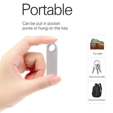 64GB Metal USB Flash Drive for Everyday Data Storage — portable metal USB drive shown held between fingers with keyring hole and examples for pocket, wallet, keys, backpack
