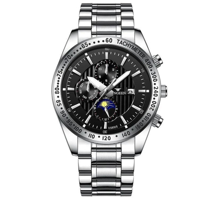 FNGEEN Mens Casual Quartz Watch With Black Leather Strap - 43.5mm metal case, tempered glass, date display, 30m water resistant, everyday analog timepiece