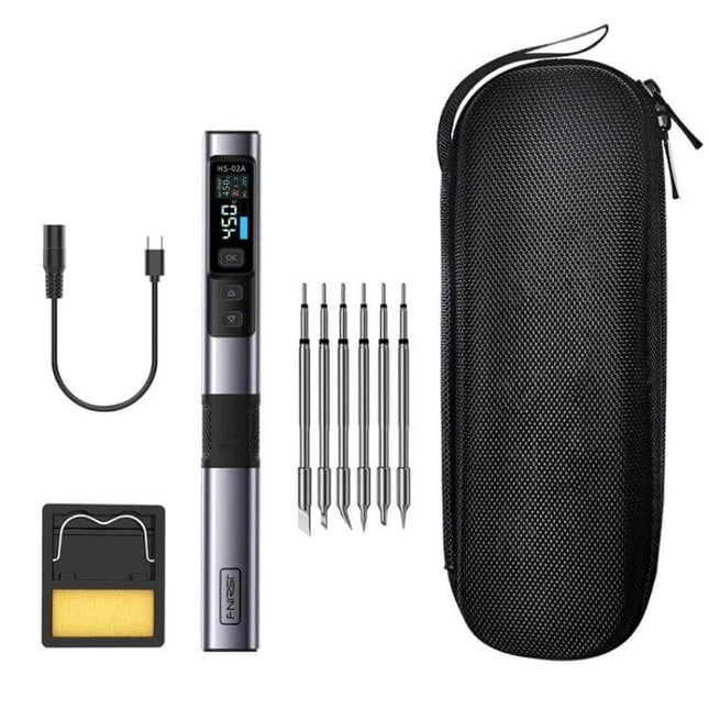 FNIRSI Portable Soldering Iron Set With Six Head Tips compact kit with six tips, USB cable, stand and zippered carrying case for PCB and field repair