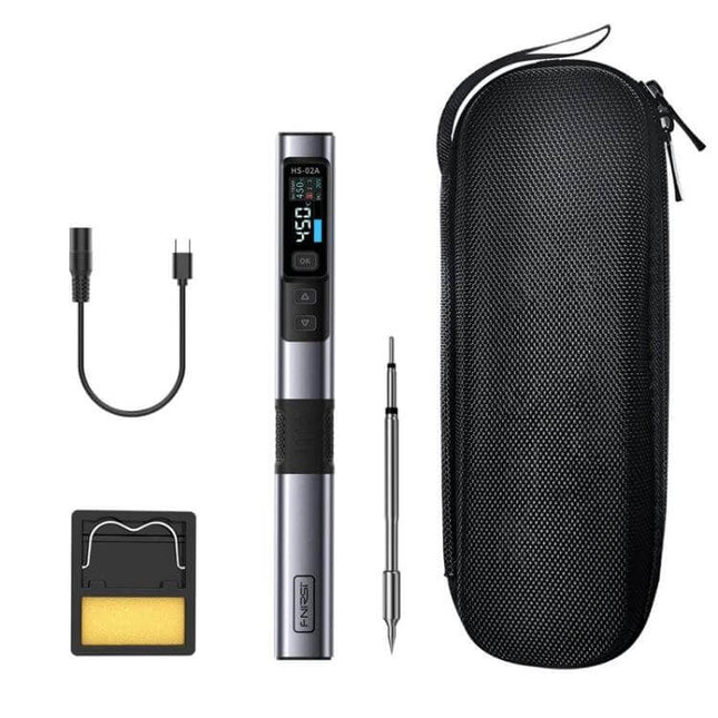 FNIRSI Portable Soldering Iron Set With Six Head Tips compact kit with digital pen iron, six tips, USB cable, sponge and zip case