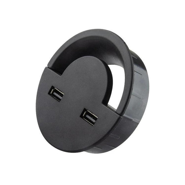 Cable Organizer for Tidy Desktops in Home Workspaces - black round desk grommet with dual USB ports, durable plastic cable management for home office