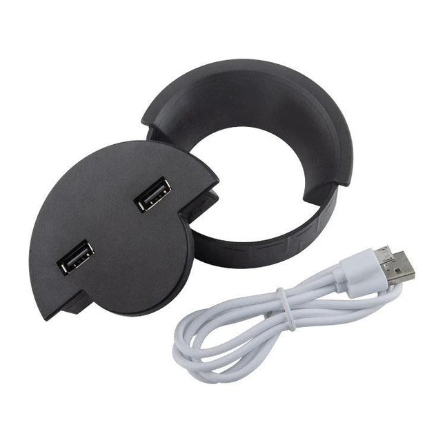 Cable Organizer for Tidy Desktops in Home Workspaces - black USB desk grommet with dual USB ports and included USB cable