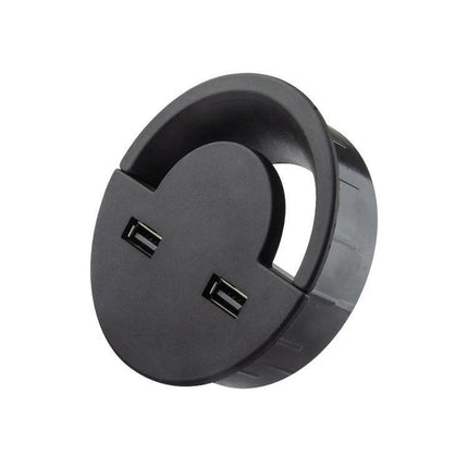 Practical Cable Holder for Organizing Desk Wires at Home - black round desk grommet with two USB ports to route and secure computer and charger cables
