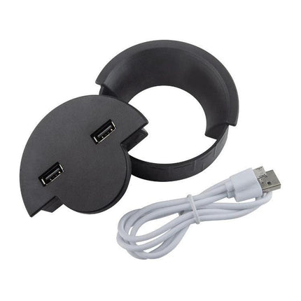 Practical Cable Holder for Organizing Desk Wires at Home - black desk grommet with dual USB ports and white USB cable for tidy workspace