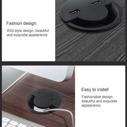 Practical Cable Holder for Organizing Desk Wires at Home - black round desktop cable organizer showing USB ports and routed charging cable