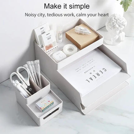 Desk-Top Pen Holder and Storage Box Grey White For Organization