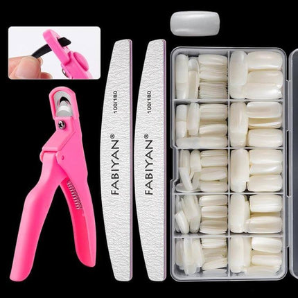 FABIYAN Nail Brush Set For Nail Art And Polishing Natural showing nail tips box, pink clipper, and two FABİYAN files for natural polish prep