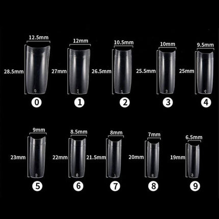 FABIYAN Nail Brush Set For Nail Art And Polishing Natural showing ten clear nail tip sizes with measurements and numbered labels