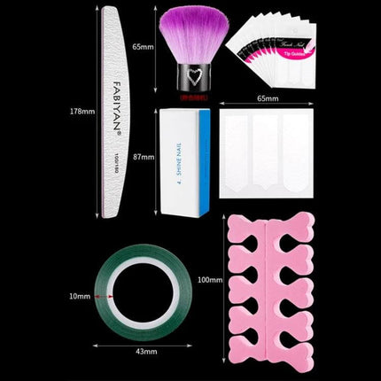 FABIYAN Nail Brush Set For Nail Art And Polishing Natural with purple kabuki brush, file, buffer, toe separators, guides and nail tape