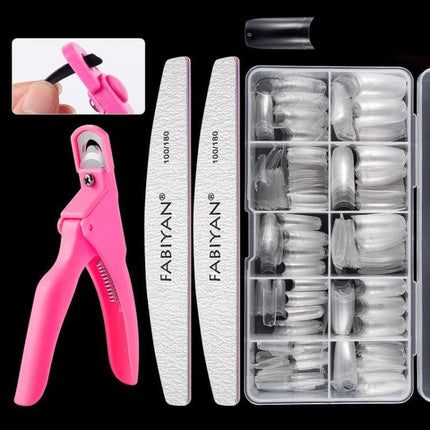FABIYAN Nail Brush Set For Nail Art And Polishing Natural - kit with pink nail tip cutter, two FABİYAN files, and box of clear nail tips and tools