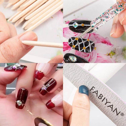 FABIYAN Nail Brush Set For Nail Art And Polishing Natural showing 4-panel collage of brushes, nail art detailing, rhinestones and FABIYAN nail file