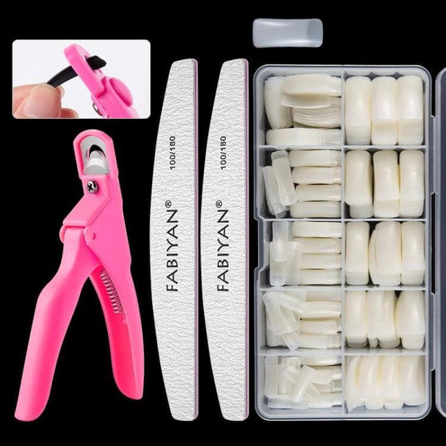 FABIYAN Nail Brush Set For Nail Art And Polishing Natural showing pink clip, two branded files and organized natural nail tips in case