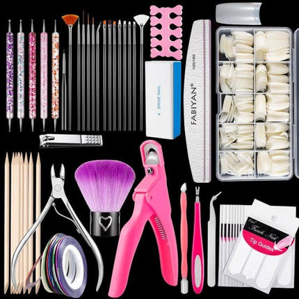 FABIYAN Nail Brush Set For Nail Art And Polishing Natural with 10 brush heads, acrylic pen holder, nail tips, clippers and manicure tools on black background