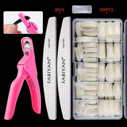 FABIYAN Nail Brush Set For Nail Art And Polishing Natural with pink nail clipper, two nail files and 500pcs natural nail tips in storage box
