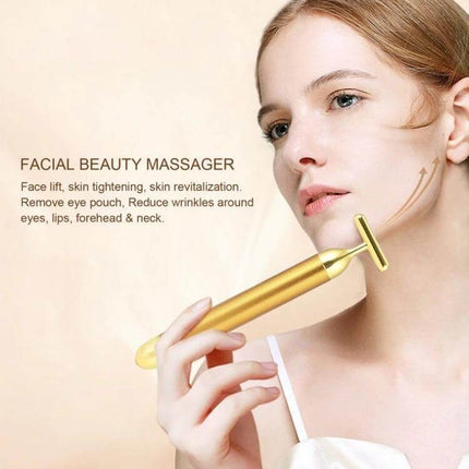 Woman using Face Massager Stick Wireless Facial Relaxation Tool to massage jawline and improve skin circulation