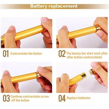 Face Massager Stick Wireless Facial Relaxation Tool showing gold handheld device battery replacement steps, twist to open and replace batteries