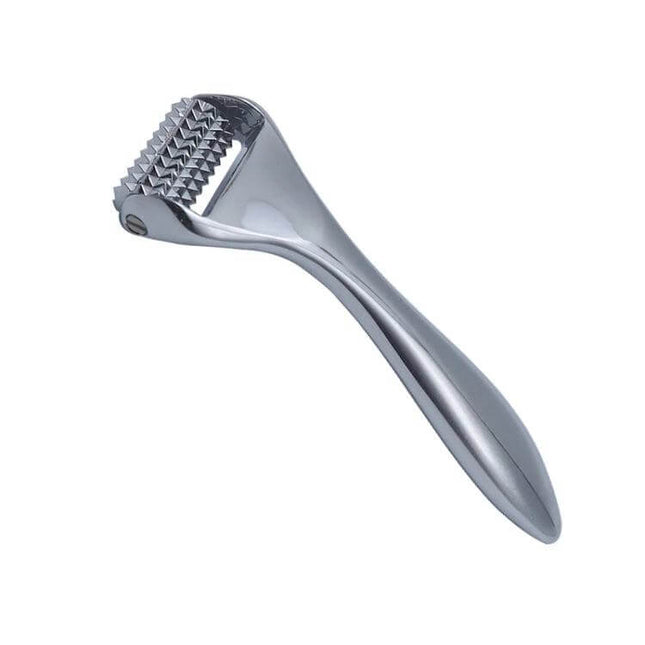 Face Slimming Roller Facial Massager With Barbed Metal Rollers — compact silver tool with 144 rolling needles for contouring, lifting, and pore refining