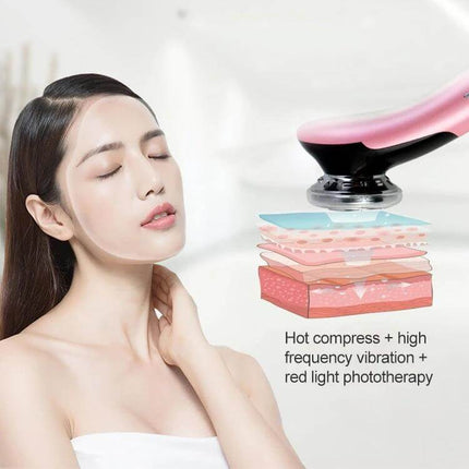 Facial Beauty Instrument Pink For Gentle Hot And Cold Skin Care - handheld device showing hot compress, vibration and red light therapy on facial skin