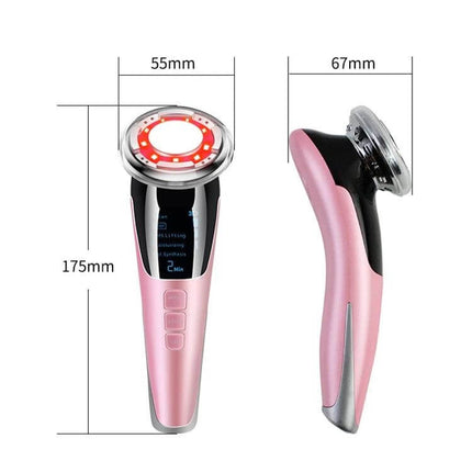 Facial Beauty Instrument Pink For Gentle Hot And Cold Skin Care handheld device showing front and side views with measurements, pink finish
