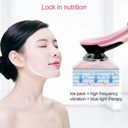 Facial Beauty Instrument Pink For Gentle Hot And Cold Skin Care showing device on cheek with ice pack, high-frequency vibration and blue light therapy