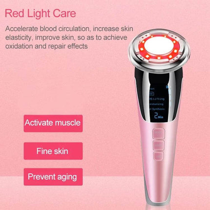 Facial Beauty Instrument Pink For Gentle Hot And Cold Skin Care handheld device showing red light therapy to activate muscle, refine skin, and prevent aging
