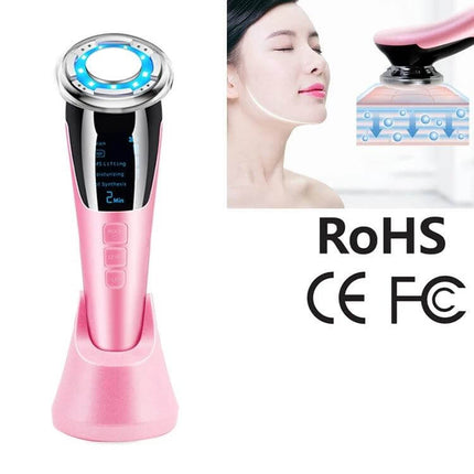 Facial Beauty Instrument Pink For Gentle Hot And Cold Skin Care handheld device showing warm/cool therapy, vibration, and charging stand