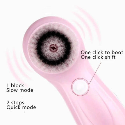 Facial Cleansing Brush USB Charging For Daily Pore Care - pink USB-rechargeable facial brush with removable head, two-speed button for slow and quick modes
