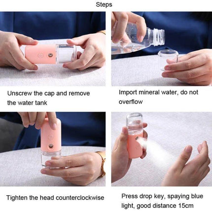 Facial Hydration Instrument USB Humidifier White For Daily Use showing filling, assembly, and misting steps