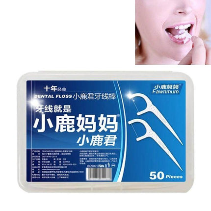 Fawnmum Ultra-Fine Dental Floss Rods, 50 Pcs Per Box, 2 Boxes slim floss rods with travel case showing two boxes and person using floss