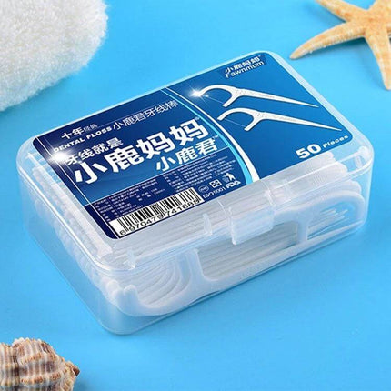 Fawnmum Ultra-Fine Dental Floss Rods, 50 Pcs Per Box, 2 Boxes compact travel case with 50-piece box shown on blue background