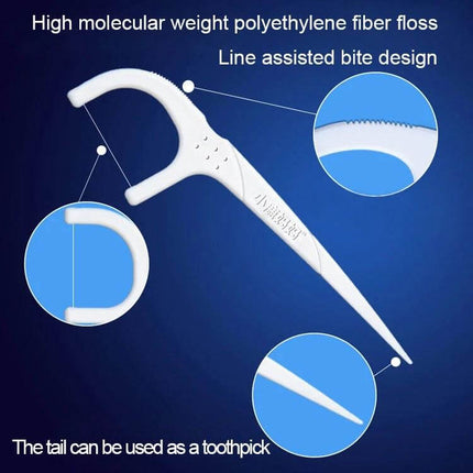 Fawnmum Ultra-Fine Dental Floss Rods, 50 Pcs Per Box, 2 Boxes white U-shaped floss pick with tail toothpick and close-up fiber detail on blue background