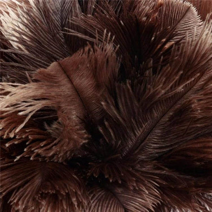 Feather Duster Brush Wooden Handle For Household And Car Dusting - close-up of natural brown ostrich feathers on wooden-handle duster