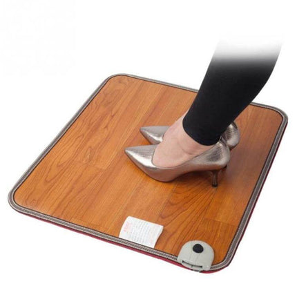 Feet Warmer Heating Mat 50x30cm Keeps Feet Warm At Home Or Office leather under-desk mat with heels on pad, quick adjustable heat