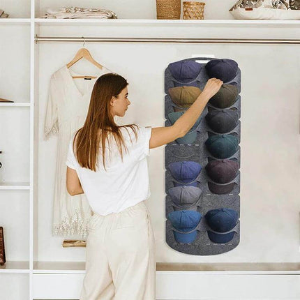 Felt Baseball Cap Display Stand Non-Woven Hanging Storage Bag For Hats hanging on closet rod holding multiple caps, saving shelf space