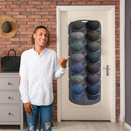 Felt Baseball Cap Display Stand Non-Woven Hanging Storage Bag For Hats hanging on door showing organized caps