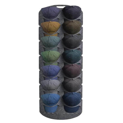 Felt Baseball Cap Display Stand Non-Woven Hanging Storage Bag For Hats hanging in closet with 12 caps, grey non-woven fabric organizer