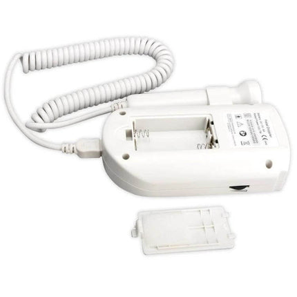 Fetal Heart Monitor For Home Use Pink For Prenatal Checkups - white handheld fetal doppler with open battery compartment and coiled probe cable