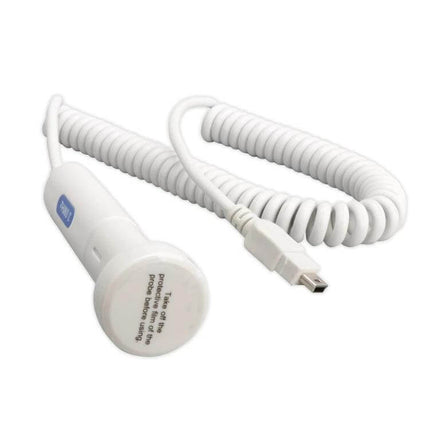 Fetal Heart Monitor For Home Use Pink For Prenatal Checkups white ultrasonic probe with coiled cable and USB connector for at‑home fetal monitoring