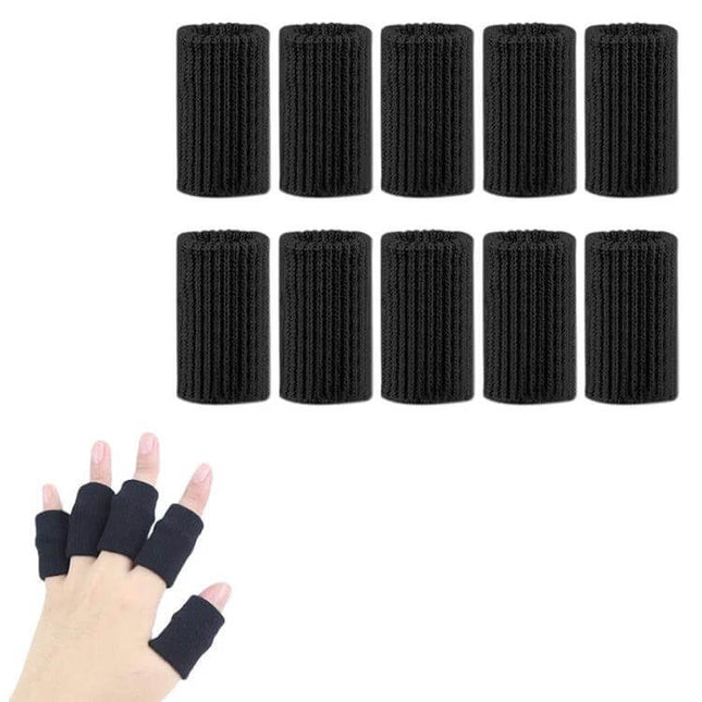 Finger Sleeves For Basketball 10 Pcs Soft Knit Comfort - black nylon-latex knit finger protection sleeves shown on hand and as set