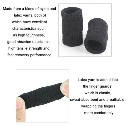 Finger Sleeves For Basketball 10 Pcs Soft Knit Comfort - black nylon latex blend finger protectors shown stretched and paired for basketball use