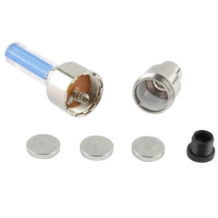 Fireflies Series Motion Activated LED Wheel Lights replacement LED valve core kit showing metal housings, batteries and rubber valve adapter