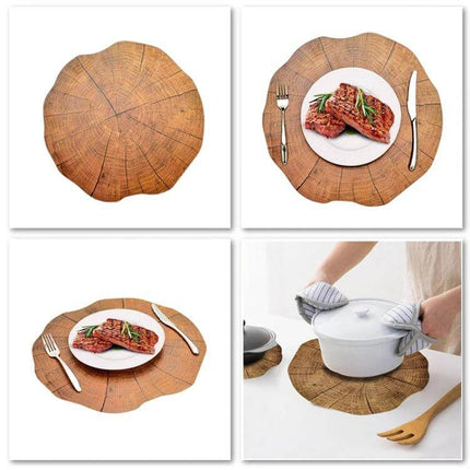 Firlar Wood Lotus Shaped Table Mats, 2-Pack for Tea Cups and Bowls wooden lotus placemats shown with plate, cutlery and pot protecting table (38 cm)