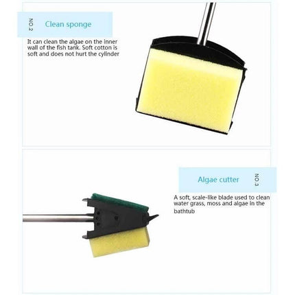 Fish Tank Cleaning Brush 36cm For Glass And Acrylic Tanks - stainless steel pole with yellow sponge and soft algae scraper for glass and acrylic aquariums