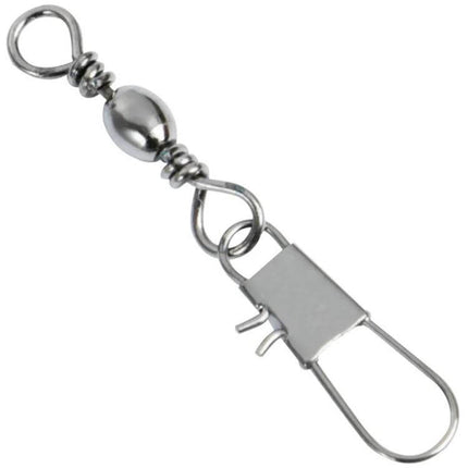 Fishing Barrel Swivel With Snap Ring, 3.5cm, 8G, 20 Pack - close-up of copper-alloy barrel swivel with snap ring for rigs and lures