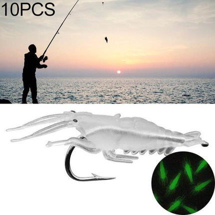 Fishing Soft Artificial Shrimp Bait Lures 4cm translucent glow shrimp lure on hook with coastal angler at sunset