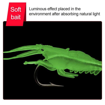 Fishing Soft Artificial Shrimp Bait Lures 4cm glowing green soft shrimp lure on hook showing luminous effect