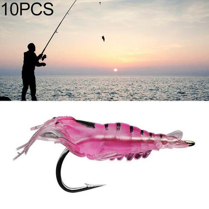 Fishing Soft Artificial Shrimp Bait Lures 4cm pink lifelike shrimp lure on hook with ocean fishing sunset background