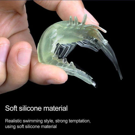 Fishing Soft Artificial Shrimp Bait Lures 4cm — close-up of translucent soft silicone shrimp lure held between fingers showing flexible tail and realistic shape